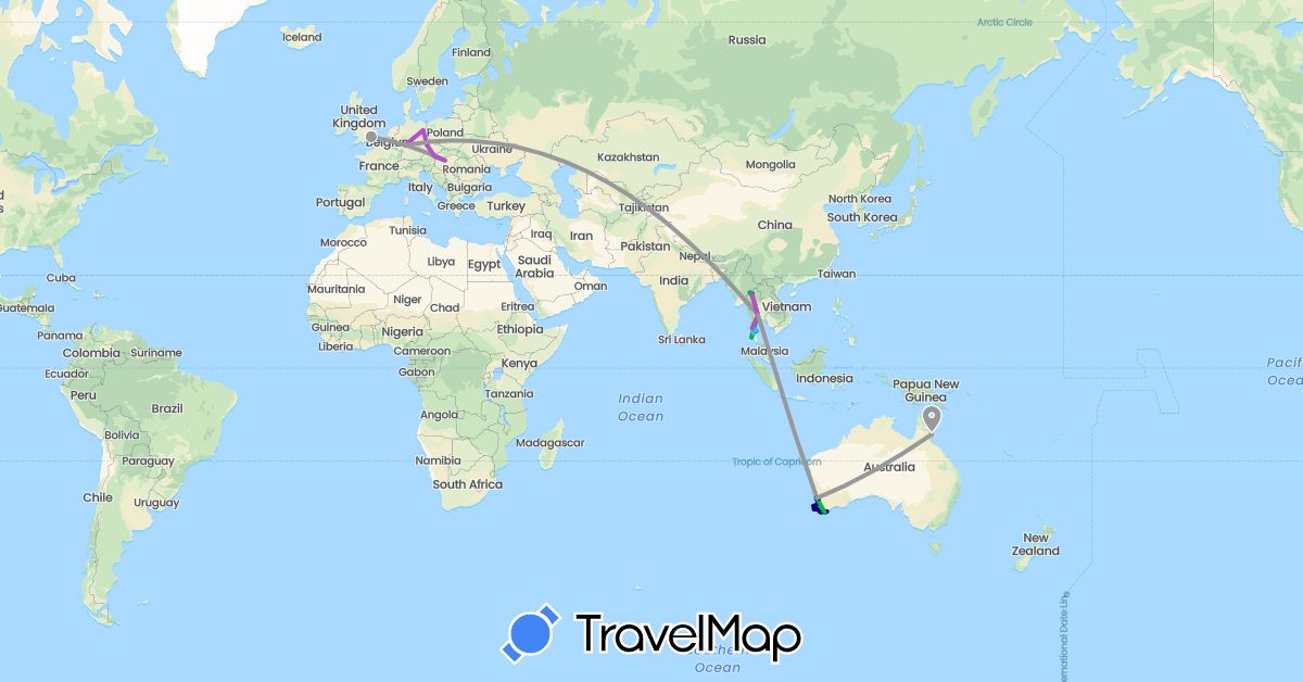 TravelMap itinerary: driving, bus, plane, train, hiking, boat, motorbike in Austria, Australia, Czech Republic, Germany, United Kingdom, Hungary, Thailand (Asia, Europe, Oceania)